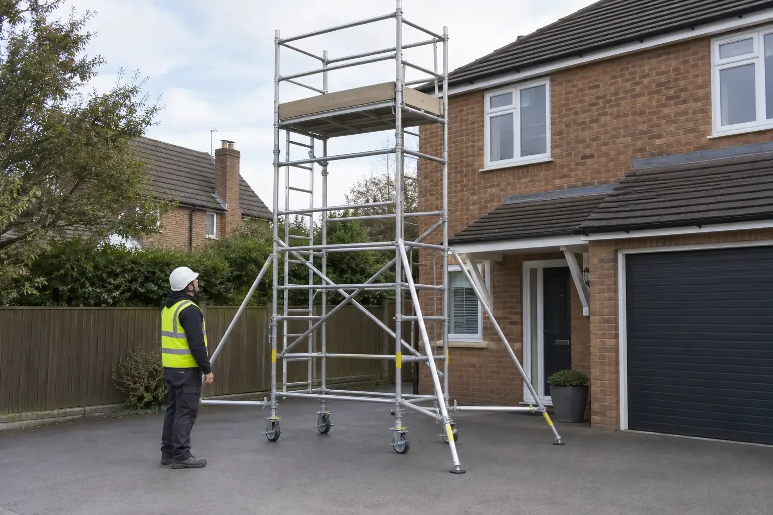 Access tower hire — A complete mobile aluminium access tower ready for hire at a British property, level firm paved surface, four locked castor wheels, four extended stabiliser outriggers, internal ladder, fully boarded top platform with toe boards and full guardrails; one helmeted worker inspecting at ground.