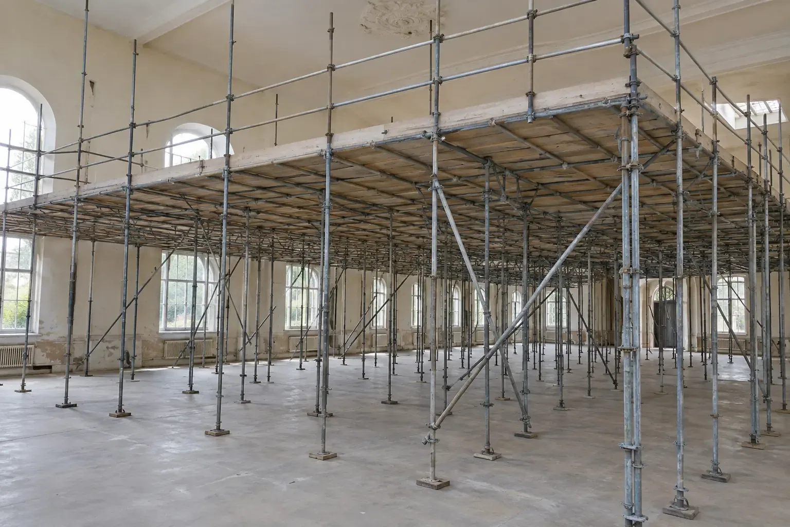 Birdcage scaffolding — Wide view of birdcage scaffolding filling a large empty interior hall: regular grid of closely spaced vertical scaffold standards with diagonal braces supporting one broad continuous boarded platform near the ceiling, perimeter guardrails, clear grid below, no workers.