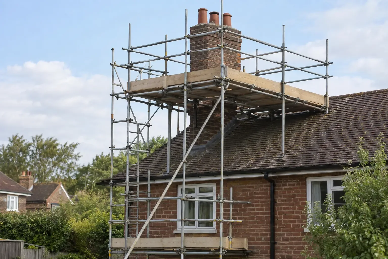 Chimney scaffolding — Dedicated scaffold working platform surrounding a brick chimney above a British tiled roof, properly supported tower rising from ground scaffold, full guardrails and toe boards around chimney on all exposed sides, no worker required, clear structural wide view.