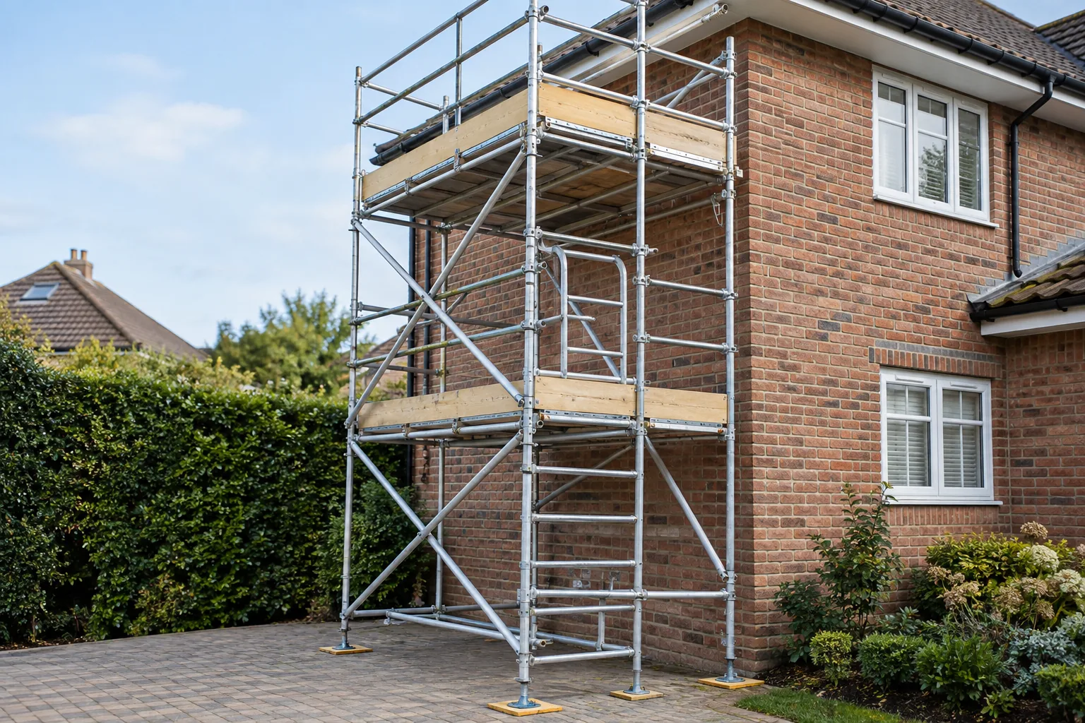 Professionally installed domestic scaffold tower beside a British two-storey brick house, complete guardrails, midrails, toe boards, diagonal braces and stable base plates on level ground, gated internal access, no people at height, accurate real construction.