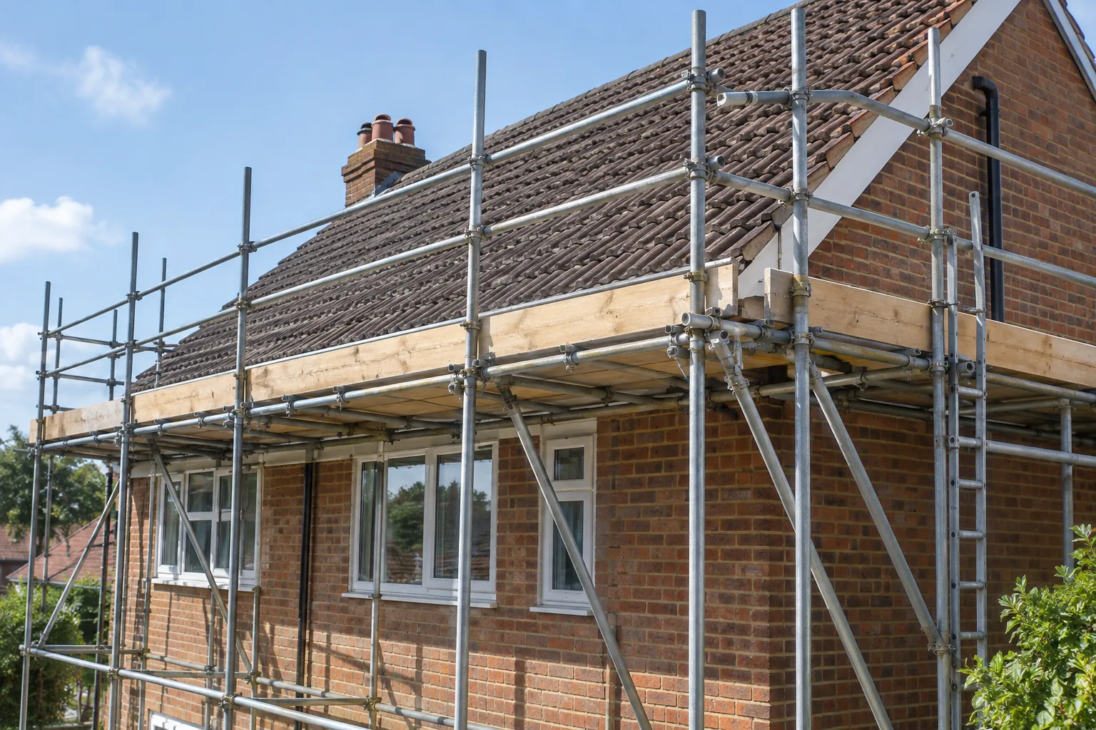 Professionally erected roof access scaffolding around the eaves of a British tiled-roof home, secure full-width working platforms, double guardrails and toe boards at every working level, braced tubes and clear safe roof access, grounded realistic photograph.