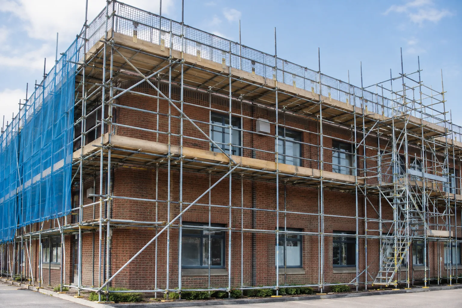 Substantial professional scaffolding covering the facade of a modest British commercial brick building, straight tube grid, complete platform guardrails and toe boards, diagonal bracing, neat safety netting at one edge, no legible signage or pedestrians beneath.