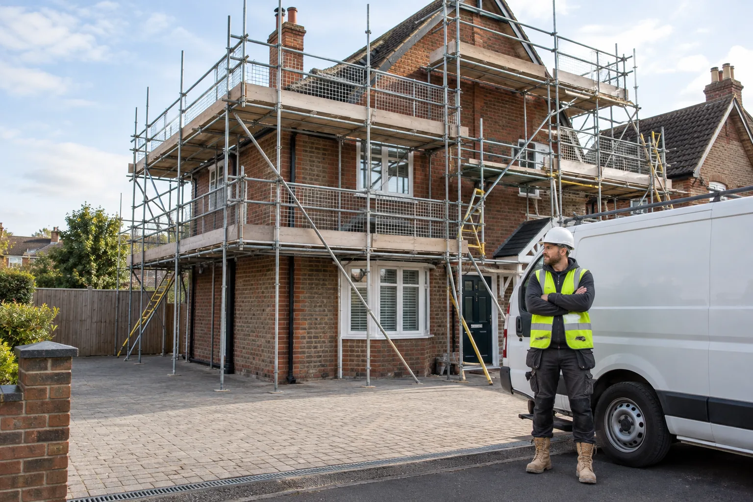 Professional scaffolder wearing helmet, high visibility vest and work boots standing beside a plain white work van outside a British brick house with complete professionally erected facade scaffolding, all platforms have guardrails and toe boards, braced structure, realistic neat street scene.