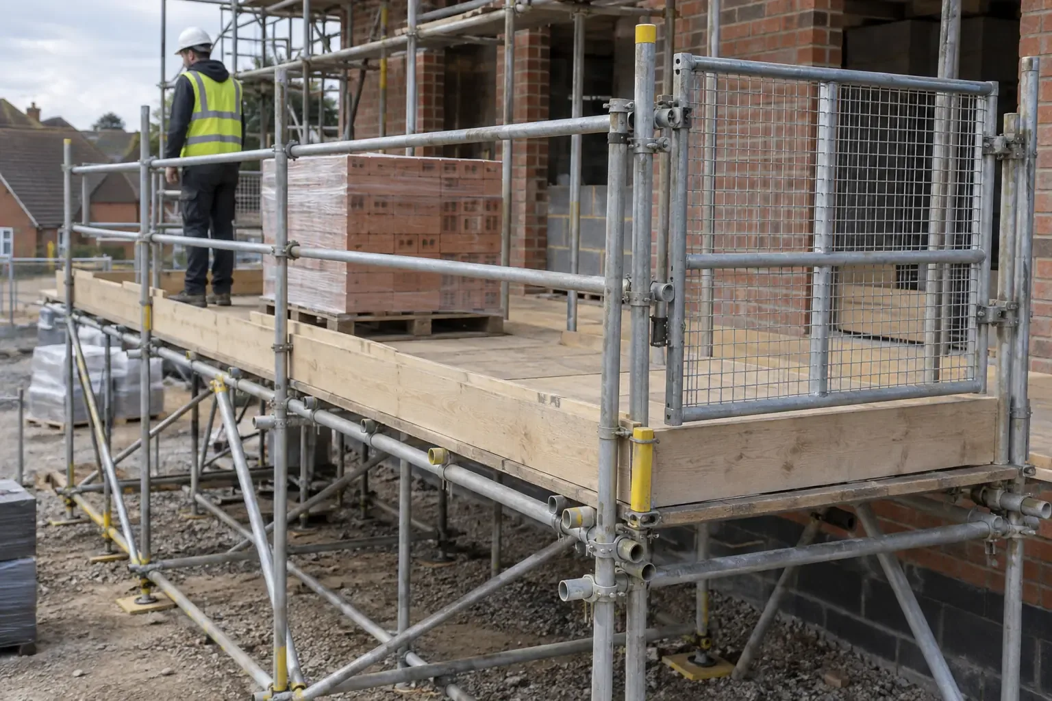 Loading bay scaffolding — Purpose-built scaffold loading bay alongside a British construction site, broad reinforced boarded loading platform supported by substantial braced scaffold, pallet of neatly stacked bricks set back safely, closed hinged loading gate and full guardrails with toe boards, no lifting underway.