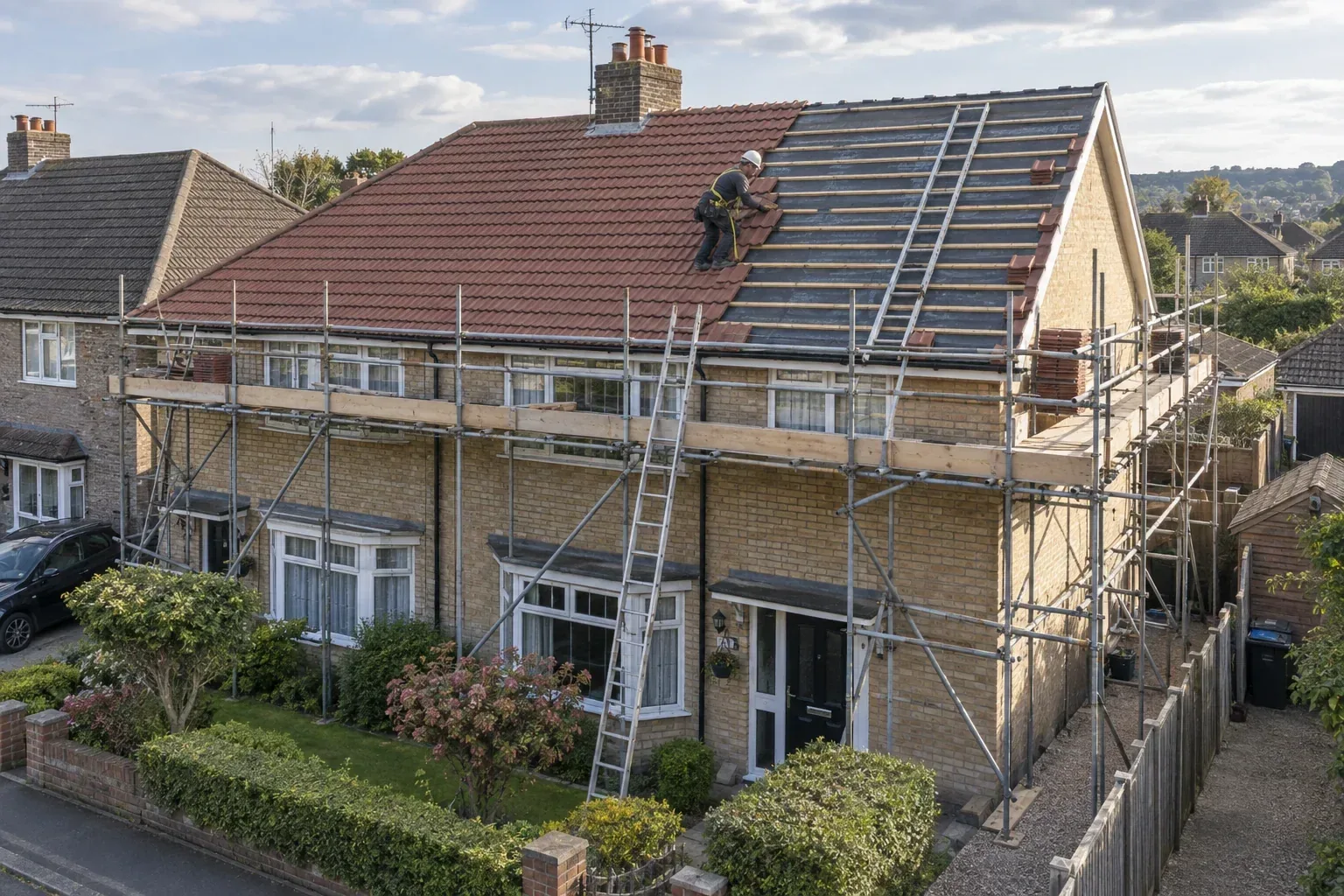 Roofer replacing tiles on a house roof surrounded by full-height access scaffolding