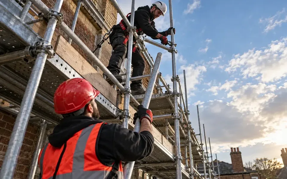 Two scaffolders assembling exterior access scaffold