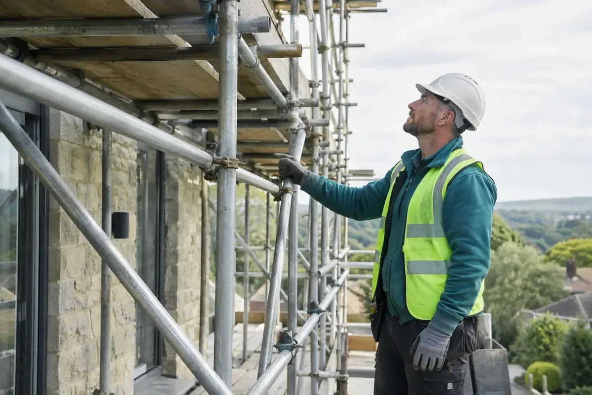 Scaffolder inspecting scaffold tubing beside a house