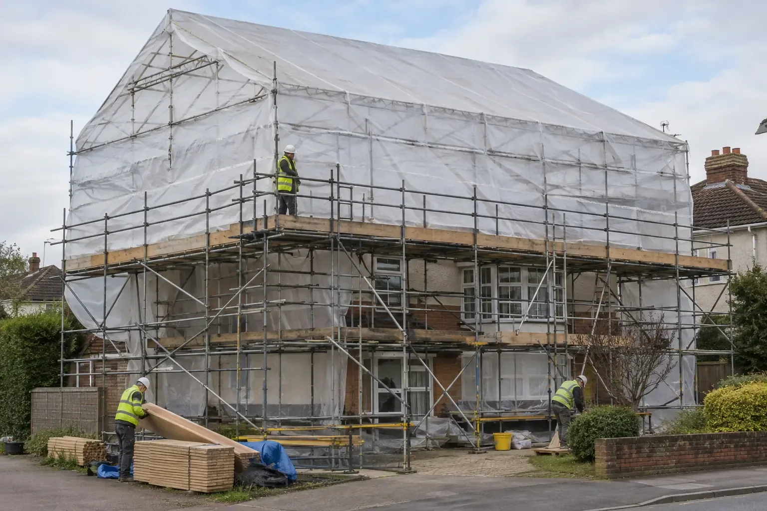Temporary roof scaffolding — A British house refurbishment completely sheltered by a temporary pitched scaffold roof with taut white translucent shrink-wrap weather membrane over roof trusses and scaffold sides; substantial braced steel scaffolding, guardrails, fully boarded working platforms, no text.